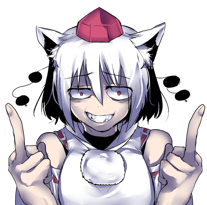 1girl aaaa_(aaaa480) animal_ear_fluff animal_ears bags_under_eyes breasts commentary_request constricted_pupils cookie_(touhou) detached_sleeves double_middle_finger fingernails grin hair_between_eyes hat inubashiri_momiji kuso_inu_(cookie) long_bangs looking_at_viewer medium_breasts middle_finger pom_pom_(clothes) red_eyes red_headwear ribbon-trimmed_sleeves ribbon_trim shirt short_hair simple_background sleeveless sleeveless_shirt smile solo tokin_hat touhou transparent_background upper_body white_hair white_shirt wolf_ears wolf_girl