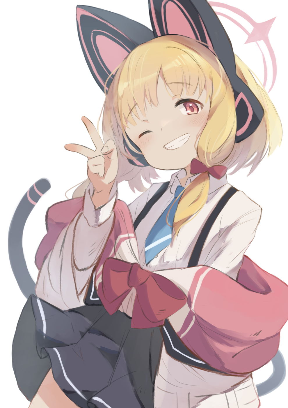 1girl animal_ear_headphones animal_ears blonde_hair blue_archive blue_necktie blush bow cat_ear_headphones clenched_teeth commentary_request fake_animal_ears fake_tail grin hair_bow halo headphones highres jacket looking_at_viewer momoi_(blue_archive) mote_max necktie partial_commentary pink_halo red_bow red_eyes shirt short_hair simple_background smile solo tail teeth v white_background white_jacket white_shirt