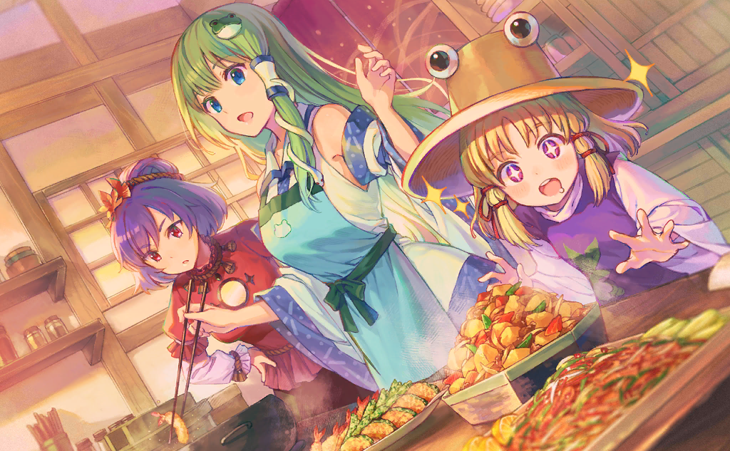 +_+ 3girls animal_print apron arm_up autumn_leaves bare_shoulders black_skirt blue_apron blue_eyes blue_trim blunt_bangs bow bracelet brown_headband brown_headwear chopsticks collared_shirt cooking_pot detached_sleeves drooling dutch_angle food food_request frilled_sleeves frills frog_hair_ornament frog_print frown frying_pan game_cg green_bow green_hair green_sash hair_bun hair_ornament hair_ribbon hand_on_own_hip hat headband height_difference holding holding_chopsticks indoors jewelry kochiya_sanae layered_sleeves leaf_hair_ornament light_blush light_frown long_hair long_sleeves medium_hair mirror moriya_suwako moryo multiple_girls official_art open_mouth plate puffy_short_sleeves puffy_sleeves purple_hair purple_vest rabbit_print red_eyes red_ribbon red_shirt ribbon rope sash shimenawa shirt short_over_long_sleeves short_sleeves shrimp single_hair_bun single_hair_tube single_sidelock skirt sleeveless sleeveless_shirt smile snake_hair_ornament sparkle steam table teeth tempura touhou touhou_cannonball turtleneck upper_teeth_only v-shaped_eyebrows vest violet_eyes waist_bow white_shirt white_sleeves wide_sleeves yasaka_kanako