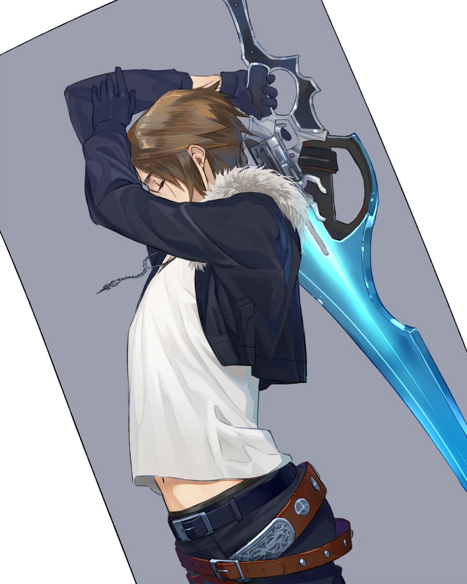 1boy arms_up belt black_jacket black_pants brown_hair closed_eyes cropped_jacket earrings final_fantasy final_fantasy_viii from_side fur-trimmed_jacket fur_trim gunblade highres holding holding_weapon jacket jewelry leather_belt long_sleeves male_focus midriff_peek multiple_belts necklace nini_tw99 open_clothes open_jacket pants scar scar_on_face shirt short_hair simple_background solo squall_leonhart stud_earrings weapon white_shirt