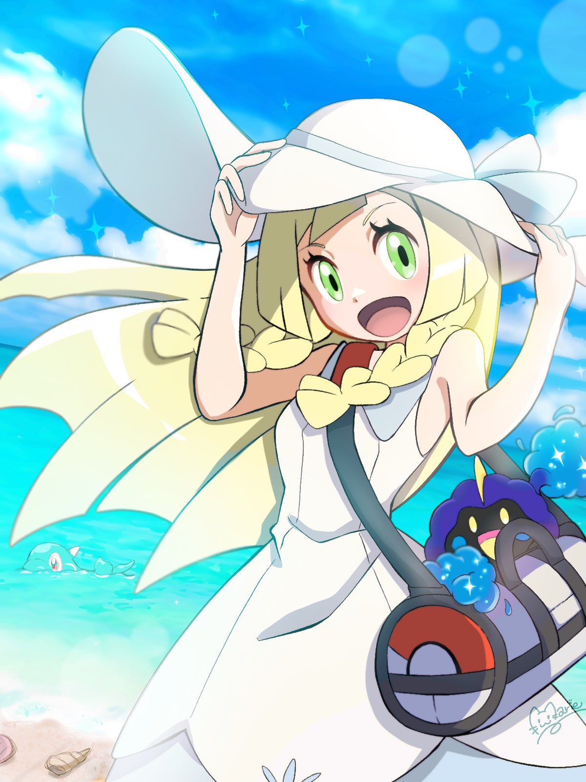 bag beach blonde_hair blunt_bangs braid clouds cloudy_sky commentary_request cosmog day dress duffel_bag finizen green_eyes hands_on_headwear hat highres lillie_(pokemon) long_hair looking_at_viewer marie_(marie_cookie222) ocean open_mouth poke_ball_theme pokemon pokemon_(game) pokemon_sm seashell shell sky sleeveless sleeveless_dress smile sun_hat twin_braids white_dress white_headwear