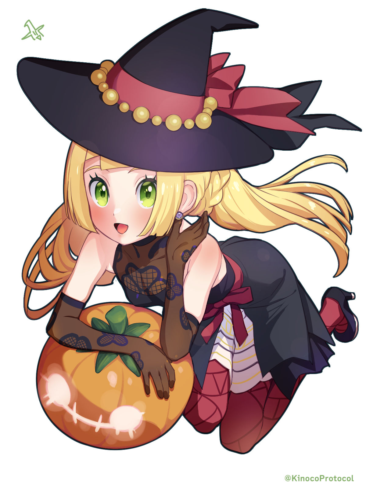 1girl :d beads black_dress black_footwear black_headwear blonde_hair blush braid brown_gloves commentary_request cosplay dress earrings elbow_gloves eyelashes gloves green_eyes hands_up hat hat_ribbon high_heels highres jack-o'-lantern jewelry kinocopro lillie_(pokemon) long_hair open_mouth pantyhose pokemon pokemon_(game) pokemon_masters_ex pokemon_sm ribbon roxanne_(pokemon) roxanne_(pokemon)_(cosplay) smile solo tongue white_background witch_hat