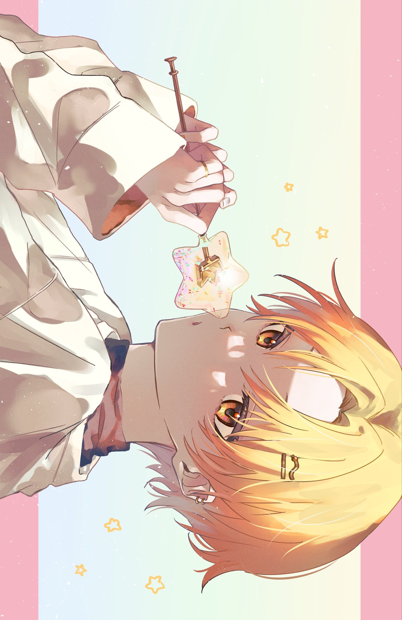 1boy blonde_hair ear_piercing forehead hair_intakes hair_ornament hairpin highres holding holding_wand long_sleeves looking_at_viewer open_mouth piercing project_sekai sanma_gy short_hair solo star_(symbol) tenma_tsukasa upper_body wand yellow_eyes