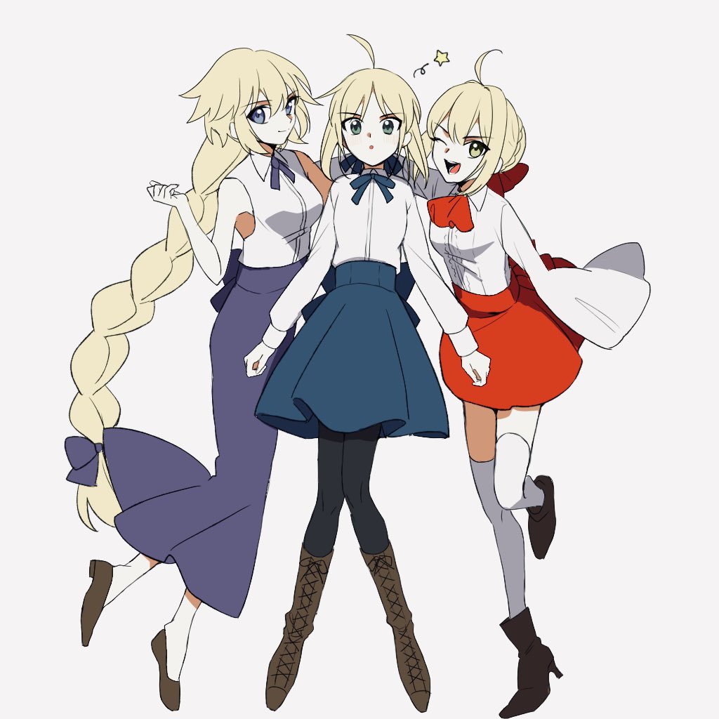 3girls ahoge artoria_pendragon_(fate) black_pantyhose blonde_hair blue_eyes blue_ribbon blue_skirt boots bow braid brown_footwear collared_shirt double-parted_bangs fate_(series) green_eyes hair_between_eyes hair_bow hair_intakes hair_ribbon hand_up jeanne_d'arc_(fate) jeanne_d'arc_(ruler)_(fate) long_braid long_hair long_skirt long_sleeves looking_at_viewer miniskirt multiple_girls neck_ribbon nero_claudius_(fate) nnndajidand one_eye_closed pantyhose parted_bangs puffy_sleeves purple_bow purple_ribbon purple_shirt red_bow red_skirt ribbon saber shirt sidelocks single_braid skirt sleeveless thigh-highs white_background white_shirt white_thighhighs