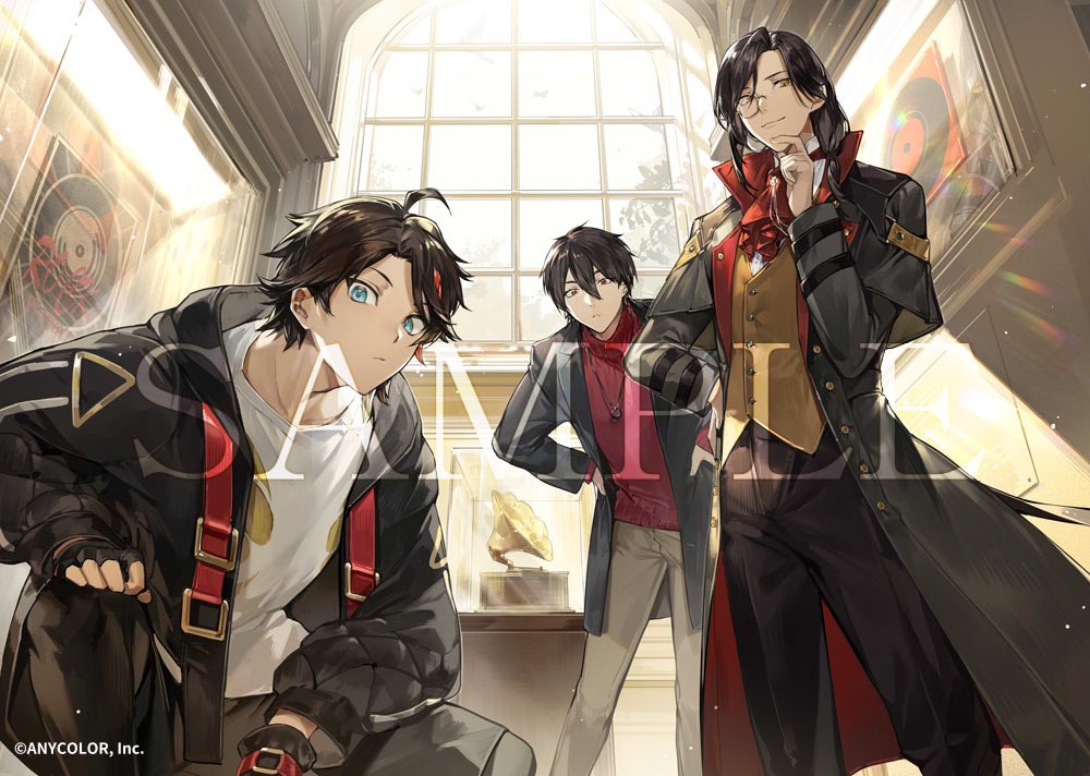 3boys :&lt; ahoge aqua_eyes ascot belt_buckle black_capelet black_coat black_gloves black_hair black_jacket black_leggings black_pants black_shorts bokyo brown_vest buckle capelet coat copyright display_case double-parted_bangs feet_out_of_frame fingerless_gloves gloves grey_pants hair_between_eyes hand_on_own_chin hand_on_own_hip hands_on_own_hips hood hood_down hooded_jacket indoors jacket jewelry lapels leaning_forward leggings light_particles long_sleeves looking_at_viewer low_ponytail male_focus medium_hair monocle multicolored_hair multiple_boys nijisanji notched_lapels official_art open_clothes open_coat open_jacket padded_jacket pants parted_bangs pendant phonograph record red_ascot red_eyes red_sweater redhead ribbed_sweater saegusa_akina sample_watermark shellin_burgundy shirt short_hair shorts smile squatting standing streaked_hair sunlight sweater swept_bangs t-shirt trench_coat turtleneck turtleneck_sweater vest virtual_youtuber watermark white_shirt window yellow_eyes yumeoi_kakeru