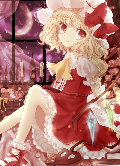 1girl arm_support ascot back_bow blonde_hair bobby_socks bow candle center_frills closed_mouth crescent_moon crystal curtains flandre_scarlet flower foot_out_of_frame frilled_ascot frilled_shirt_collar frilled_skirt frilled_sleeves frills from_side glowing glowing_wings hat hat_ribbon indoors large_bow light_smile looking_at_viewer mary_janes medium_hair mob_cap moon multicolored_wings one_side_up painting_(object) puffy_short_sleeves puffy_sleeves red_eyes red_footwear red_ribbon red_skirt red_vest ribbon rose shirt shoes short_sleeves sitting skirt skirt_set socks solo thighs touhou transparent_curtains vest white_bow white_headwear white_shirt white_socks window wings yellow_ascot yuki_201
