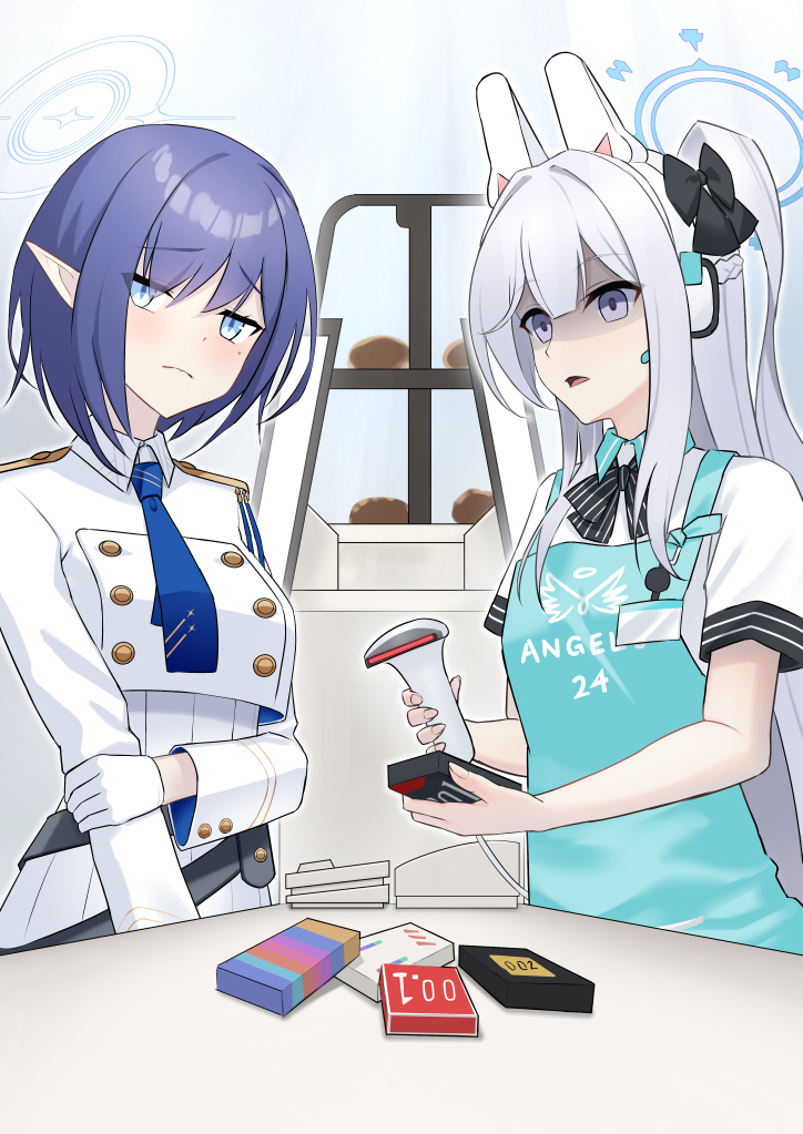 2girls angel's_24_uniform_(blue_archive) animal_ears answering aoi_(blue_archive) apron barcode_scanner black_bow black_bowtie blue_apron blue_archive blue_eyes blue_hair blue_halo blue_necktie bow bowtie braid closed_mouth collared_shirt commentary_request cropped_jacket crown_braid empty_eyes fake_animal_ears gloves grey_hair hair_between_eyes halo holding jacket long_hair long_sleeves miyako_(blue_archive) mole mole_under_eye multiple_girls necktie one_side_up open_mouth pointy_ears rabbit_ears shaded_face shirt short_hair short_sleeves violet_eyes white_gloves white_jacket white_shirt