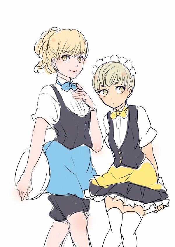 1boy 1girl apron arms_behind_back black_shorts black_skirt black_vest blonde_hair blue_apron blue_bow blue_bowtie bow bowtie buttons character_request closed_mouth collared_shirt commentary_request copyright_request crossdressing eyelashes frilled_skirt frills hanada_hyou hand_on_own_chest height_difference holding holding_plate light_blush light_frown long_hair looking_at_viewer looking_to_the_side maid maid_headdress miniskirt parted_lips pink_lips plate pleated_skirt ponytail shirt short_hair short_sleeves shorts sketch skirt skirt_set smile thigh-highs v-shaped_eyebrows vest waist_apron white_background white_headwear white_shirt white_thighhighs yellow_apron yellow_bow yellow_bowtie yellow_eyes zettai_ryouiki