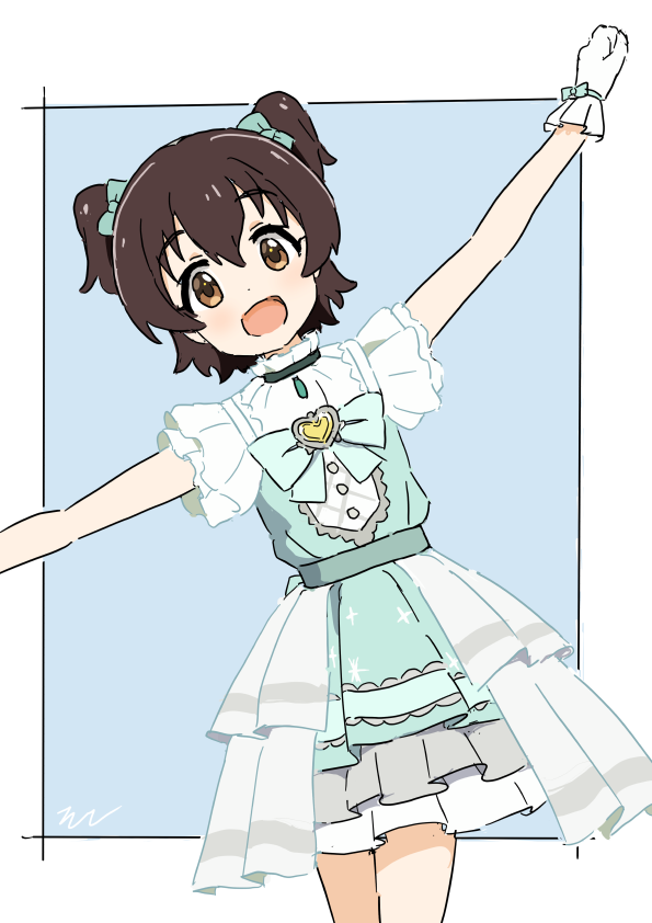 1girl :d aayh akagi_miria arm_up blue_background blue_bow blue_dress bow brown_eyes brown_hair commentary_request dress gloves hair_bow idolmaster idolmaster_cinderella_girls idolmaster_cinderella_girls_u149 layered_dress leaning_to_the_side looking_at_viewer outstretched_arms pleated_dress smile solo two-tone_background two_side_up white_background white_gloves