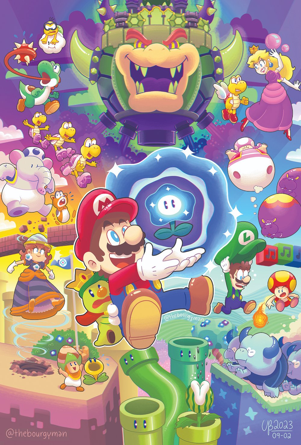 3girls 6+boys :d afterimage angry arm_up arms_up artist_name bare_arms beamed_sixteenth_notes black_dress block_(mario) blonde_hair blue_eyes blue_flower blue_overalls blue_pants blue_sky blue_toad_(mario) bowser brick brown_footwear brown_hair bubble bubble_peach bulrush_(mario) bush castle_bowser clenched_teeth closed_mouth clouds crown dated day dress drill drill_daisy earrings elbow_gloves elephant elephant_blue_toad_(mario) eyelashes facial_hair fire_toad_(mario) fireball flagpole flower flower_earrings flying_sweatdrops glasses gloves gradient_sky grass green_shirt grin hands_up hat high_heels highres hill holding holding_clothes holding_hat hoppo_(mario) horns jewelry koopa_paratroopa koopa_troopa lakitu long_hair long_sleeves long_tongue looking_at_another luigi mario medium_hair melon_piranha_plant motion_lines multiple_boys multiple_girls musical_note mustache on_cloud open_clothes open_mouth open_vest orange_footwear overalls pants poplin_(mario) prince_florian princess_daisy princess_peach puffy_short_sleeves puffy_sleeves purple_dress purple_flower purple_sky red_footwear red_headwear red_shirt red_vest rolla_koopa roller_skates running seed sharp_teeth shirt shoes short_hair short_sleeves signature skates skedaddler sky smile smoke sparkle sphere_earrings spikes sunset super_mario_bros. super_mario_bros._wonder talking_flower_(mario) teeth thebourgyman toad_(mario) toadette tongue tongue_out tree twitter_username unworn_hat unworn_headwear v-shaped_eyebrows vest warp_pipe white_gloves white_wings wide-eyed wings wonder_flower yellow_toad_(mario) yoshi