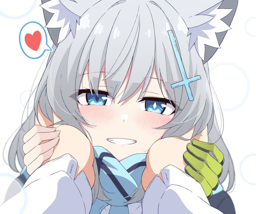 1girl 1other animal_ear_fluff blue_archive blue_eyes blue_scarf bright_pupils clenched_teeth cross_hair_ornament gloves green_gloves hair_ornament hands_on_another's_cheeks hands_on_another's_face heart looking_at_viewer masabodo mismatched_pupils scarf shiroko_(blue_archive) shirt simple_background smile solo_focus spoken_heart teeth upper_body white_background white_pupils white_shirt