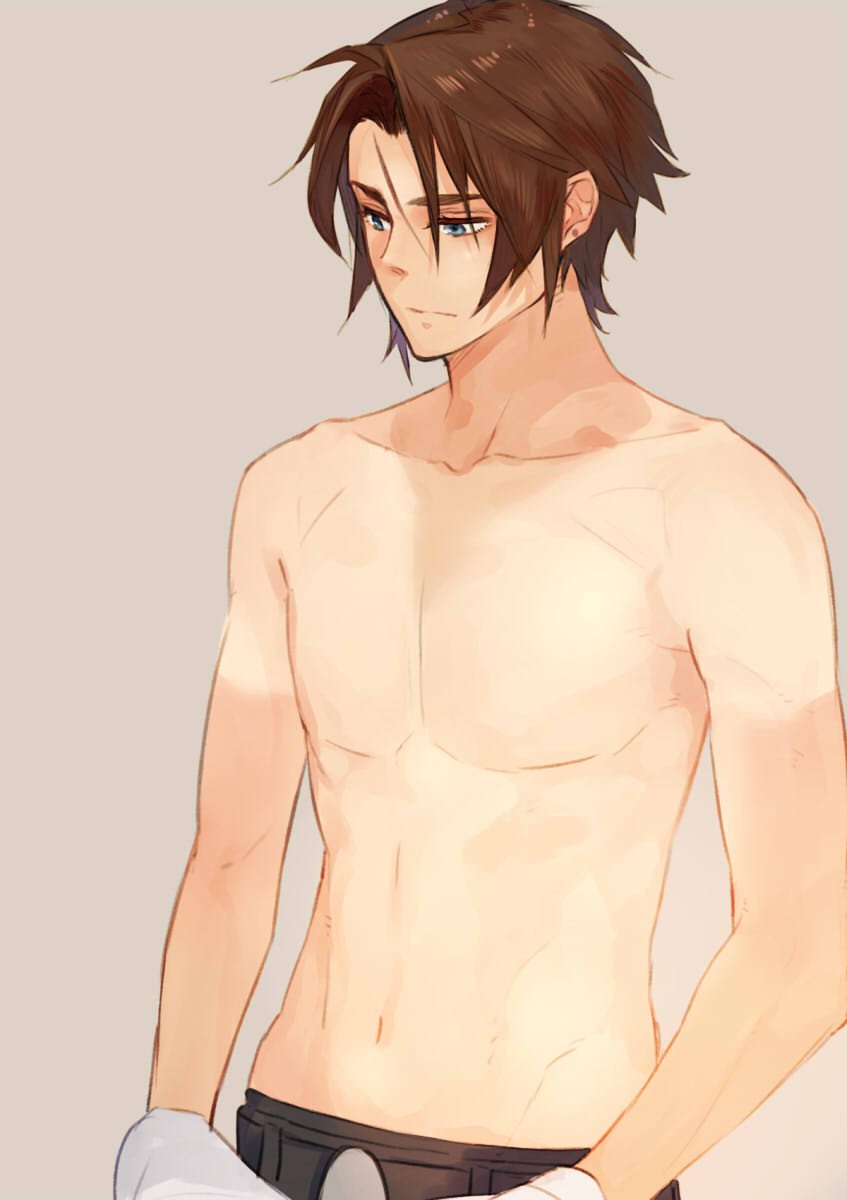 1boy belt blue_eyes brown_hair earrings expressionless final_fantasy final_fantasy_viii highres holding holding_clothes holding_shirt jewelry male_focus nini_tw99 pants scar scar_on_face scar_on_forehead shirt short_hair simple_background solo squall_leonhart stud_earrings tan tanlines topless_male undressing