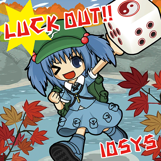 &gt;_o 1girl autumn_leaves backpack bag blue_eyes blue_footwear blue_hair blue_shirt blue_skirt blue_sky boots cabbie_hat clenched_hand clouds collar collared_shirt day english_text full_body game_cg green_bag green_headwear hair_bobbles hair_ornament hat holding_dice iosys kawashiro_nitori key layered_shirt layered_sleeves looking_at_viewer medium_hair medium_skirt official_art one_eye_closed open_mouth outdoors outstretched_arm oversized_object pocket puffy_short_sleeves puffy_sleeves river rock shadow shirt short_sleeves skirt skirt_set sky smile solo touhou touhou_cannonball tree two_side_up uda_tetla v-shaped_eyebrows white_collar white_shirt yin_yang yin_yang_print