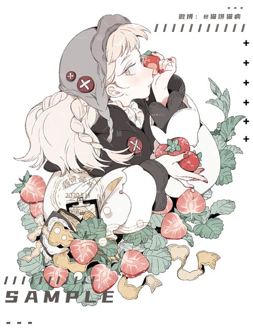 1girl artist_name black_capelet blonde_hair blush book braid buttons capelet clipboard collar collared_capelet collared_shirt dated earflap_beanie eyelashes food frilled_collar frills fruit grey_headwear high_collar holding holding_food holding_fruit layered_sleeves leaf light_blush long_hair long_sleeves looking_at_viewer maobing_maobing nail_polish nose_blush original parted_lips puffy_long_sleeves puffy_sleeves red_nails ribbon sample_watermark shirt stamp_mark strawberry strawberry_slice twin_braids upper_body watermark white_background white_shirt yellow_eyes yellow_ribbon