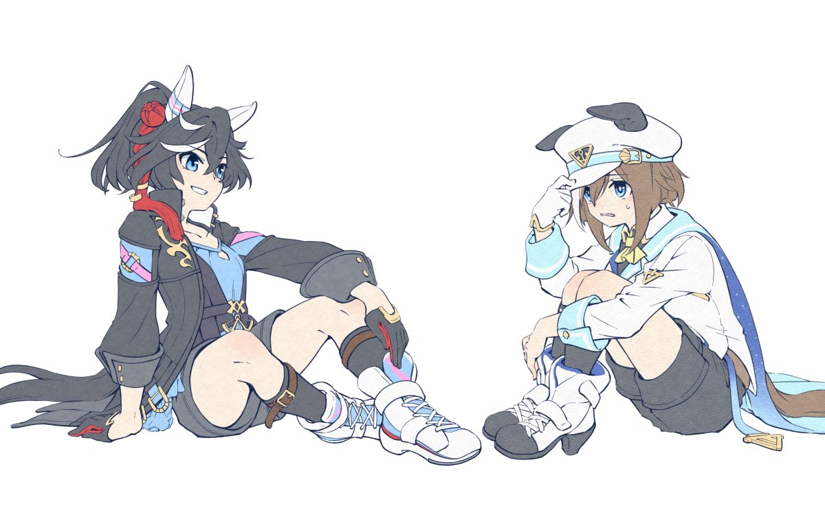 2girls animal_ears arm_support belt black_coat black_gloves black_hair black_shorts black_socks black_vest blue_eyes blue_shirt boots breasts brown_hair cape cheval_grand_(umamusume) coat collared_shirt crossed_bangs ears_down gloves grin hair_between_eyes hair_ornament half_gloves hand_on_headwear hat high_collar high_heel_boots high_heels horse_ears horse_girl horse_tail jacket katsuragi_ace_(umamusume) long_sleeves multicolored_hair multiple_girls nogi_(jczu7445) open_clothes open_coat ponytail shirt shoes short_shorts shorts single_glove sitting small_breasts smile sneakers socks streaked_hair sweatdrop tail umamusume vest white_footwear white_gloves white_headwear white_jacket