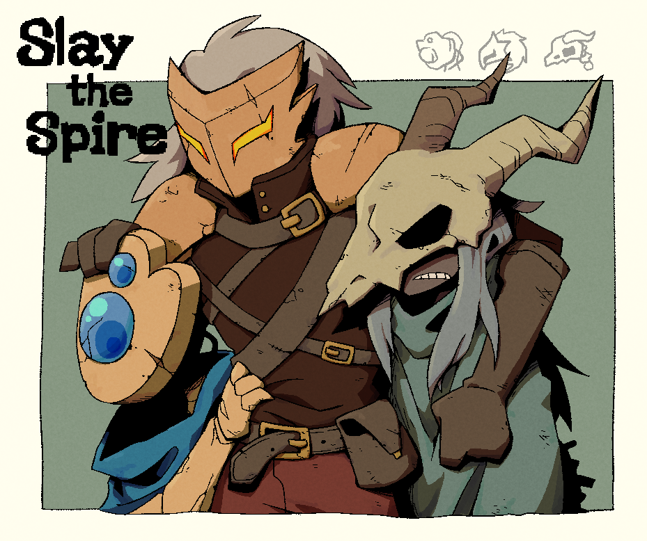1boy 1girl 1other arm_over_shoulder armor belt brown_gloves clenched_teeth copyright_name dark-skinned_female dark_skin english_text gloves grey_hair hand_on_another's_head long_hair mask okajamira pauldrons pouch robot shoulder_armor slay_the_spire teeth the_defect the_ironclad the_silent