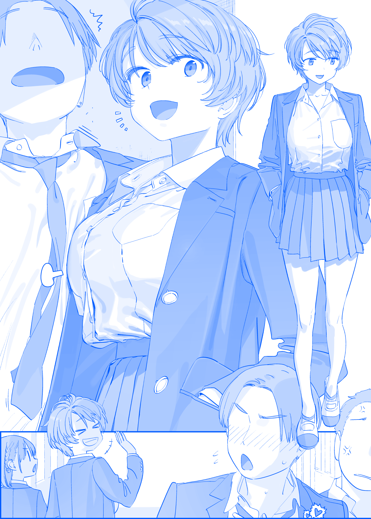 &gt;_&lt; 2boys 2girls ai-chan_(tawawa) anger_vein blush breast_press breasts bumping character_request check_translation getsuyoubi_no_tawawa heart highres himura_kiseki jacket large_breasts looking_at_viewer multiple_boys multiple_girls necktie nose open_collar open_mouth school_uniform shirt shoes skirt smile sweatdrop translation_request walking waving white_background white_shirt