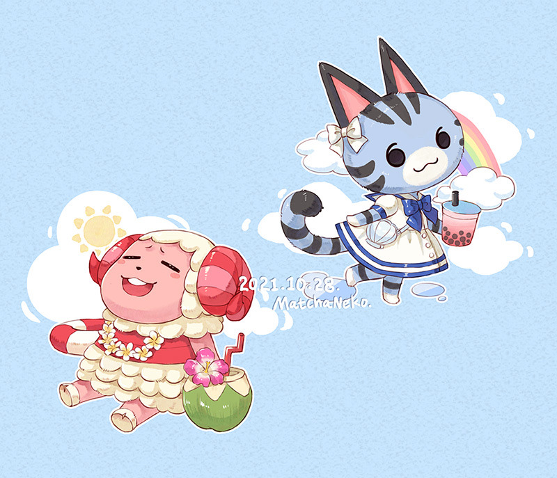 1boy 1girl :3 :d animal_crossing artist_name bag blue_background blue_bow blue_bowtie blush blush_stickers bow bowtie bubble_tea buttons cat_girl closed_eyes closed_mouth clouds coconut coconut_cup commentary cup curled_horns dated disposable_cup dom_(animal_crossing) dress drinking_straw english_commentary flower flower_necklace holding holding_cup horns lei lifebuoy lolly_(animal_crossing) matchaneko open_mouth pink_flower pink_horns puddle rainbow raised_eyebrows sailor_collar sailor_dress sheep_boy sheep_horns shell_bag short_sleeves shoulder_bag simple_background smile summer sun teeth upper_teeth_only white_bow white_dress white_flower white_sailor_collar