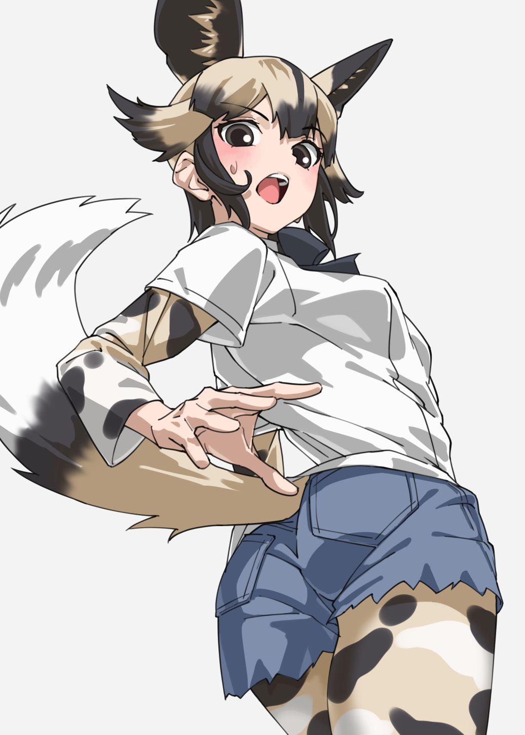 1girl african_wild_dog_(kemono_friends) african_wild_dog_print animal_ears black_bow black_bowtie blush bow bowtie brown_eyes brown_hair collared_shirt commentary cowboy_shot cutoff_jeans cutoffs denim denim_shorts dog_ears dog_girl dog_tail extra_ears from_below grey_background highres kemono_friends light_brown_hair long_sleeves looking_at_viewer open_mouth pantyhose print_pantyhose print_sleeves shirt short_hair short_shorts short_sleeves shorts sidelocks simple_background solo sweatdrop tail tanabe_(fueisei) white_shirt