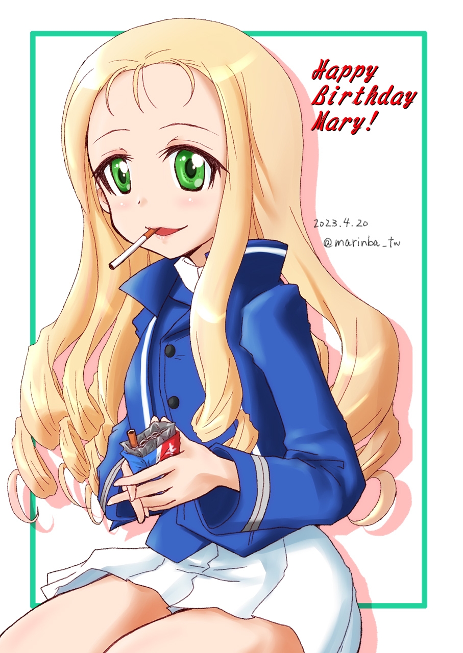 1girl bc_freedom_military_uniform blonde_hair blue_jacket blue_vest character_name cigarette cigarette_pack dated dress_shirt drill_hair english_text girls_und_panzer green_outline happy_birthday high_collar highres holding holding_cigarette_pack interlocked_fingers jacket long_hair long_sleeves looking_at_viewer marie_(girls_und_panzer) marinba_(bell_yamashige) military_uniform miniskirt mouth_hold open_mouth outline own_hands_together pleated_skirt shadow shirt sitting skirt smile solo twitter_username uniform vest white_shirt white_skirt