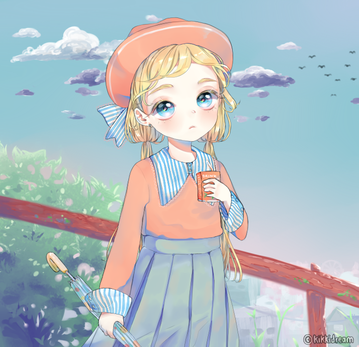 1girl artist_name blonde_hair blue_bow blue_collar blue_eyes blue_skirt blue_sky blue_umbrella bow bush buttons child cityscape closed_mouth clouds collar collared_shirt commentary day drink drinking_straw english_commentary eyelashes eyeshadow flock frown hair_bow hat high-waist_skirt holding holding_drink holding_umbrella juice_box kikkidream light_blush long_hair long_sleeves looking_at_viewer low_twintails makeup original outdoors pink_eyeshadow plant polka_dot polka_dot_umbrella railing red_headwear red_shirt shirt skirt sky solo straight_hair striped striped_bow thick_eyebrows twintails two-tone_bow two-tone_collar umbrella vertical-striped_collar white_bow white_collar
