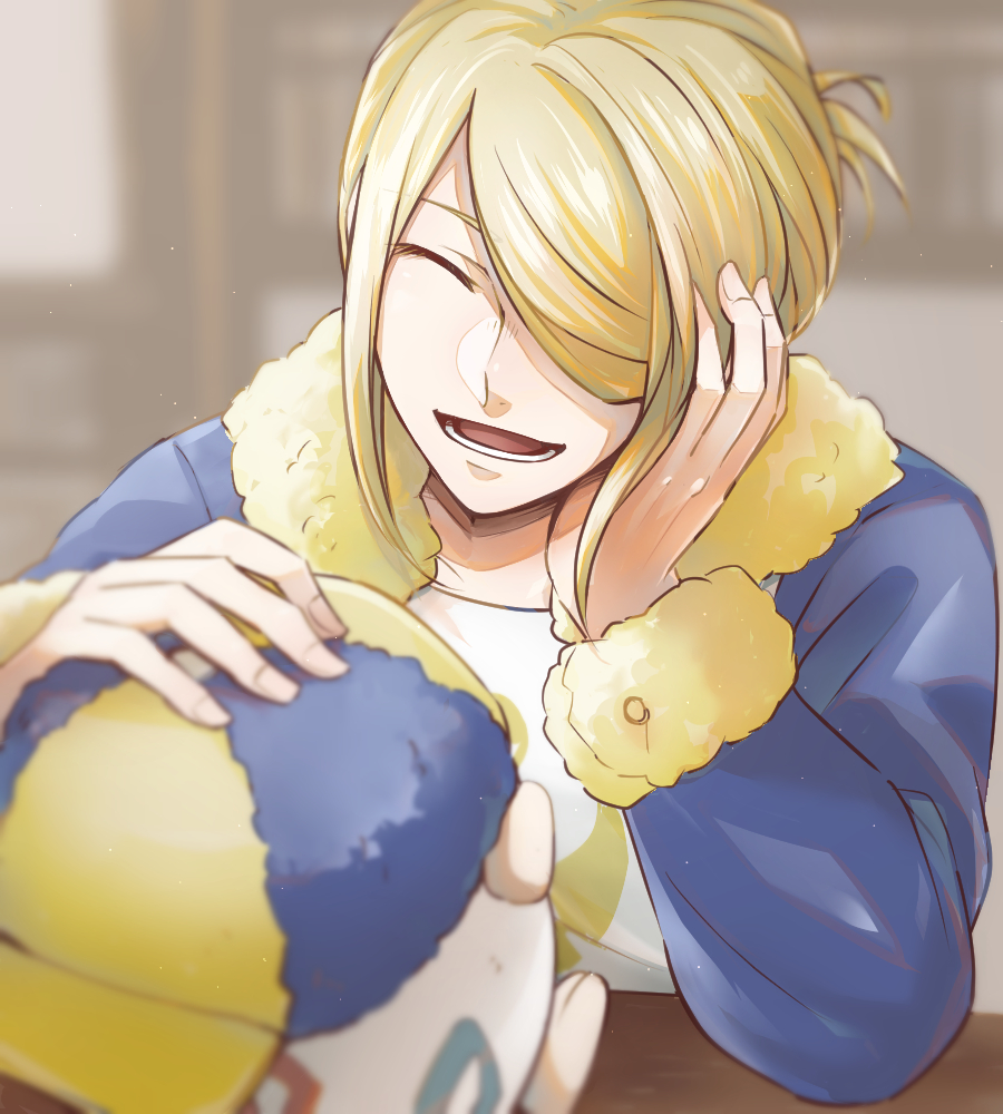 1boy blonde_hair closed_eyes commentary_request day hair_over_one_eye hand_on_own_face hat indoors male_focus one_eye_covered pokemon pokemon_(creature) pokemon_(game) pokemon_legends:_arceus rigu_(aiide) sitting smile togepi upper_body volo_(pokemon)