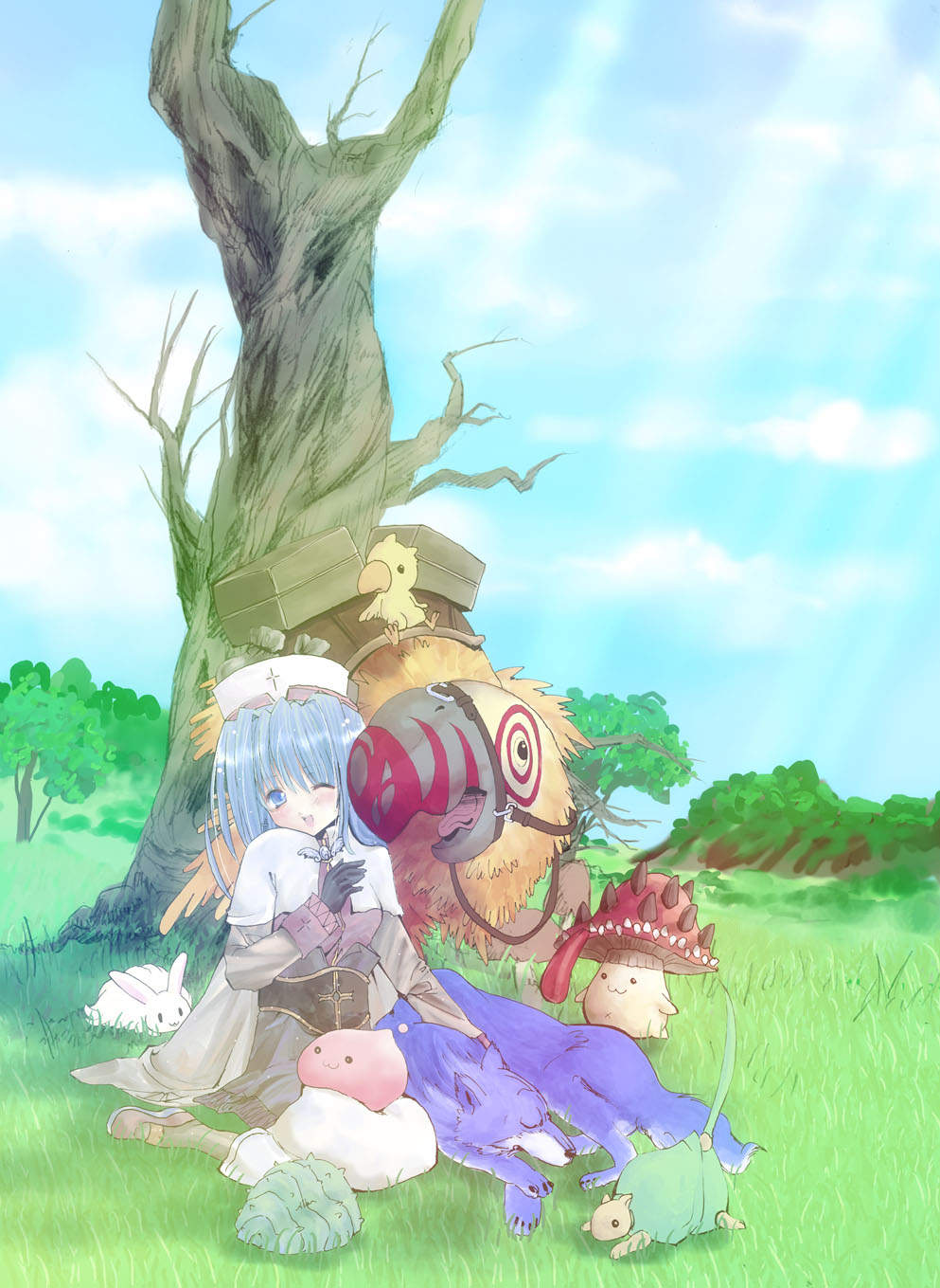 1girl 2000s_(style) :3 :d acolyte_(ragnarok_online) animal bad_id bare_tree bird biretta black_gloves blue_hair blush brown_shirt capelet caterpillar_tracks chick clouds commentary_request day english_commentary fabre forest full_body gloves highres long_hair long_sleeves lunatic_(ragnarok_online) medium_bangs mixed-language_commentary mushroom nature one_eye_closed open_mouth outdoors oversized_animal peco_peco picky_(ragnarok_online) poring rabbit ragnarok_online reins shirt sitting skirt slime_(creature) smile spore_(ragnarok_online) tree wariza white_capelet white_headwear white_skirt wolf wolf_(ragnarok_online) wormtail_(ragnarok_online) yuiha_(zenmaishikibanshogi)