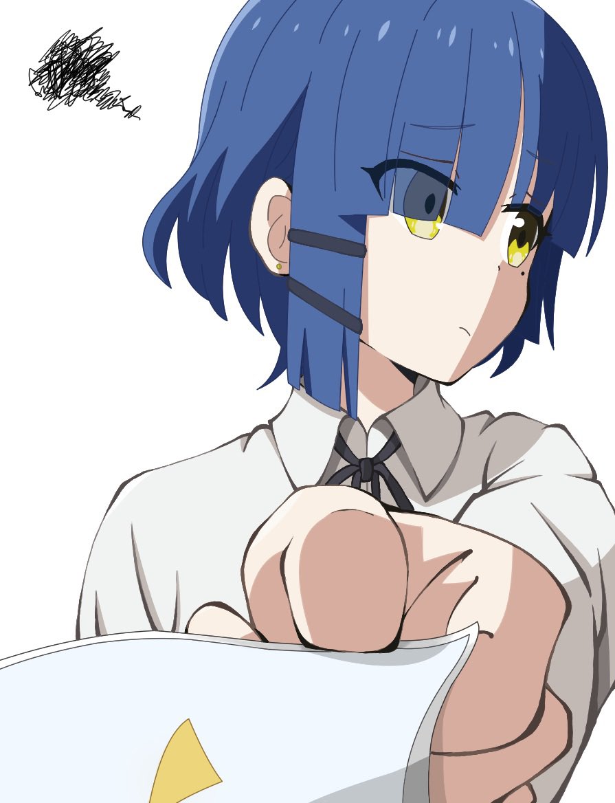 1girl black_ribbon blue_hair bocchi_the_rock! closed_mouth collared_shirt commentary_request dress_shirt earrings hair_bun hair_ornament hairclip holding_picture jewelry kusana_(kusana47454281) mole mole_under_eye neck_ribbon ribbon shirt short_hair simple_background single_sidelock solo squiggle stud_earrings upper_body white_background white_shirt yamada_ryo yellow_eyes