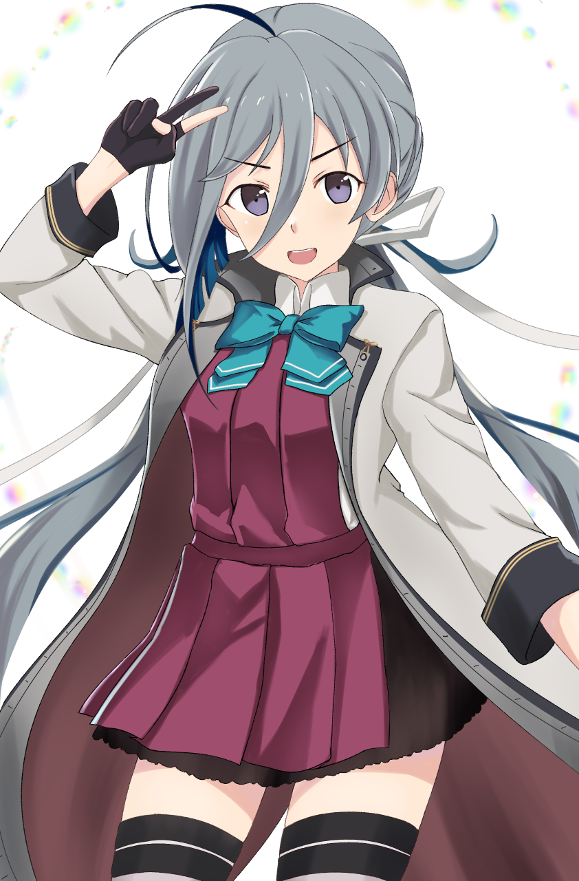 1girl :d ahoge blue_bow blue_bowtie bow bowtie cowboy_shot dress grey_eyes grey_hair grey_jacket hair_between_eyes highres jacket kantai_collection kiyoshimo_(kancolle) kiyoshimo_kai_ni_(kancolle) kotou_yogen long_hair long_sleeves looking_at_viewer low_twintails purple_dress ribbon school_uniform smile solo thigh-highs twintails v very_long_hair violet_eyes white_ribbon