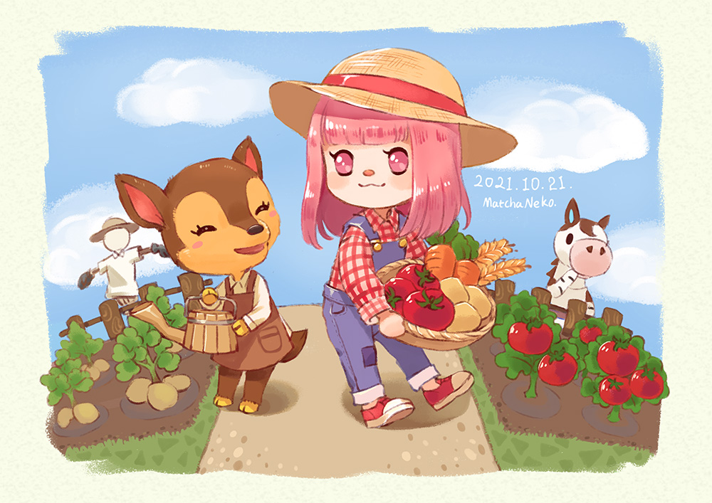 1boy 2girls :3 :d ^_^ animal_crossing apron artist_name basket blue_overalls blue_pants blue_sky blunt_bangs blush blush_stickers border brown_apron brown_headwear carrot closed_eyes closed_mouth clouds collared_shirt commentary dated day deer_girl english_commentary fauna_(animal_crossing) fence furry furry_female furry_male garden grass green_border hat hime_cut holding holding_basket holding_watering_can horse_boy long_hair long_sleeves matchaneko multiple_girls open_mouth outdoors overalls pants papi_(animal_crossing) path pink_eyes pink_hair plant potato red_footwear red_shirt scarecrow shirt shoes sidelocks sky smile standing straw_hat tomato tomato_plant villager_(animal_crossing) watering_can wheat white_shirt wing_collar wooden_fence