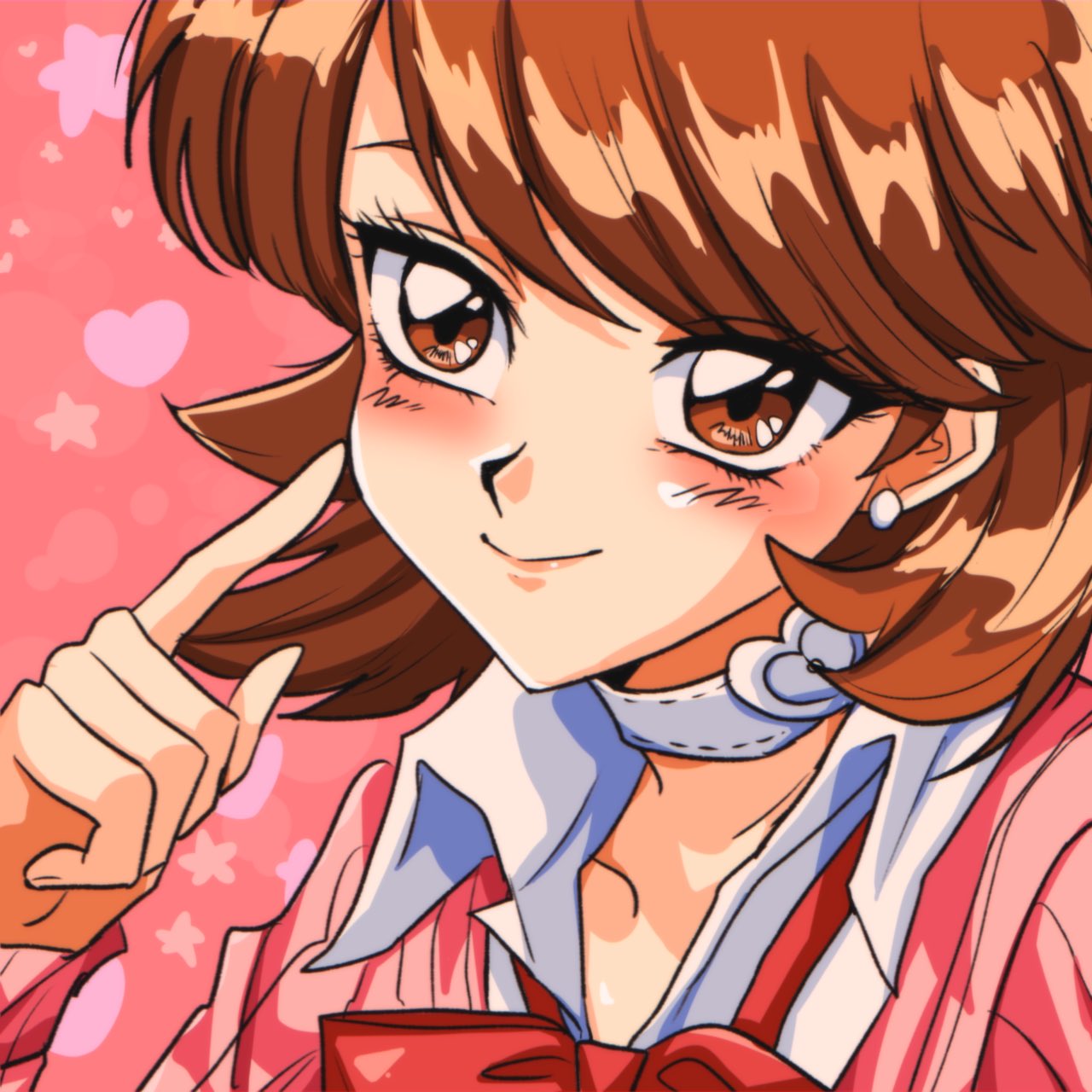 1girl blush bow bowtie brown_eyes brown_hair cardigan choker closed_mouth collarbone collared_shirt commentary earrings english_commentary eyelashes gekkoukan_high_school_uniform highres jewelry long_sleeves looking_at_viewer medium_hair parted_bangs persona persona_3 pink_background pink_cardigan pointing pointing_up portrait red_bow red_bowtie retro_artstyle school_uniform shirt smile solo stud_earrings swept_bangs takeba_yukari white_choker white_shirt yuyuy_00