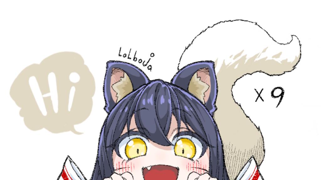 1girl :d ahri_(league_of_legends) artist_name black_hair blush facial_mark fang fox_girl fox_tail hands_up league_of_legends lolboja long_hair looking_at_viewer portrait simple_background smile solo speech_bubble tail whisker_markings white_background yellow_eyes