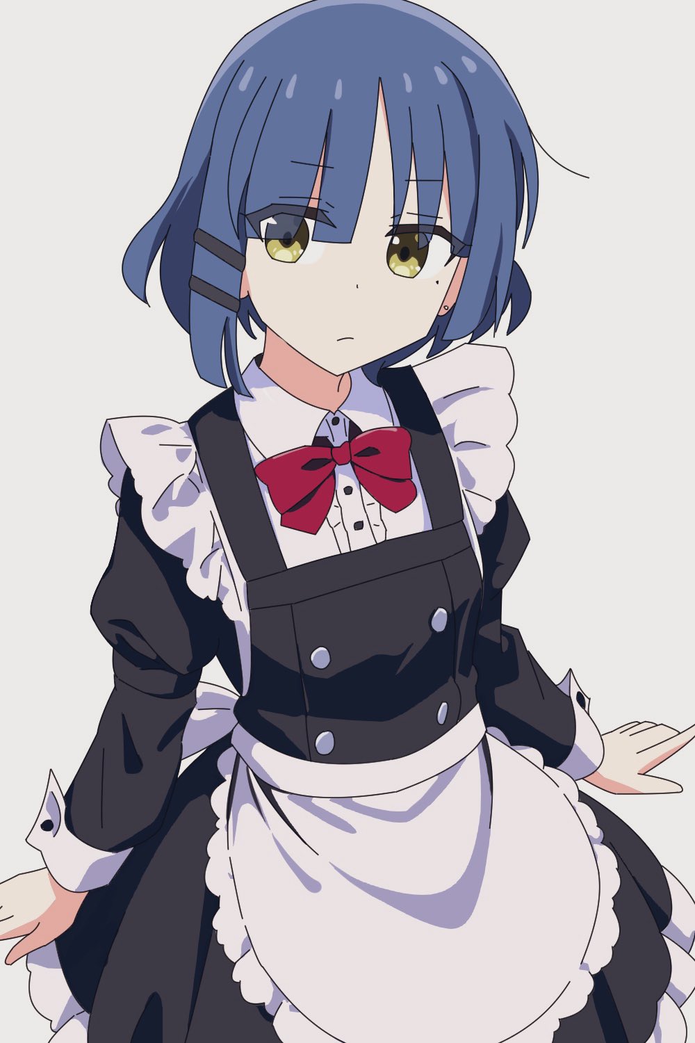 1girl apron arm_support black_dress blue_hair bocchi_the_rock! bow bowtie closed_mouth collared_dress cowboy_shot dress earrings frilled_dress frills hair_ornament hairclip highres jewelry juliet_sleeves kusana_(kusana47454281) long_sleeves looking_at_viewer maid maid_apron mole mole_under_eye puffy_sleeves red_bow red_bowtie short_hair simple_background single_sidelock solo stud_earrings waist_apron white_apron white_background yamada_ryo yellow_eyes