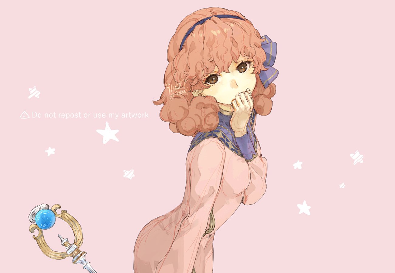 1girl 91007 artist_name blue_hairband blue_ribbon brown_eyes covering_mouth dress earrings fire_emblem fire_emblem_echoes:_shadows_of_valentia genny_(fire_emblem) hairband hand_up jewelry long_sleeves looking_at_viewer pink_background pink_dress pink_hair ribbon short_hair solo staff star_(symbol) twitter_username