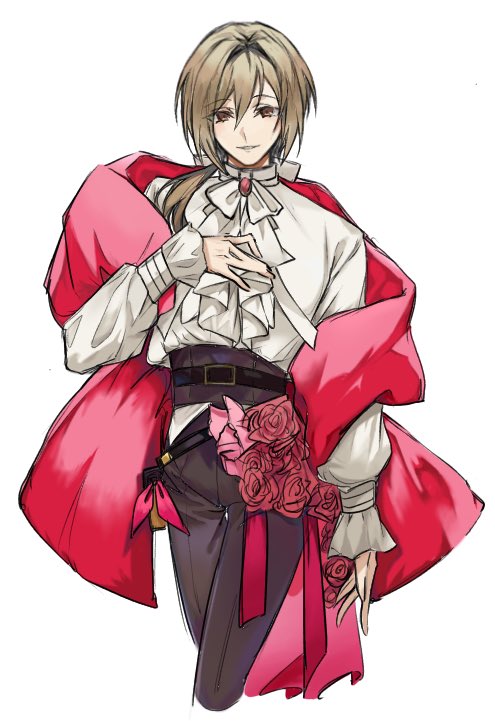 1boy ascot belt black_belt blonde_hair bow brown_eyes brown_pants cape flower formal fragaria_memories gem hair_bow hand_on_own_chest long_hair low_ponytail male_focus pants red_cape red_flower red_gemstone red_rose romarriche_(fragaria_memories) rose shirt sketch solo tumitumi56155 white_ascot white_background white_bow white_shirt