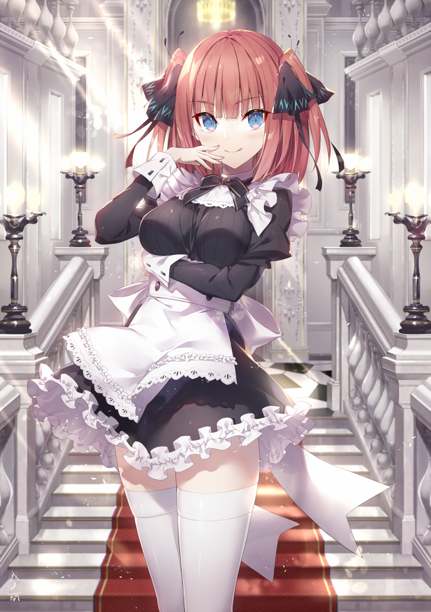 1girl :q apron arm_under_breasts black_bow black_dress black_ribbon blue_eyes bow breasts closed_mouth commentary_request dress frilled_dress frills gabiran go-toubun_no_hanayome hair_ribbon highres indoors juliet_sleeves long_sleeves looking_at_viewer medium_breasts nakano_nino puffy_sleeves railing redhead ribbon smile solo stairs standing thigh-highs tongue tongue_out two_side_up white_apron white_thighhighs