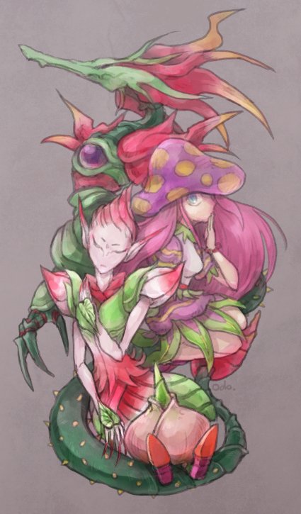 1girl blue_eyes breath_of_fire breath_of_fire_ii closed_mouth dress hat leaf_skirt long_hair looking_at_viewer multiple_persona mushroom_girl mushroom_hat odo_7ta pink_hair pointy_ears short_hair simple_background solo spar