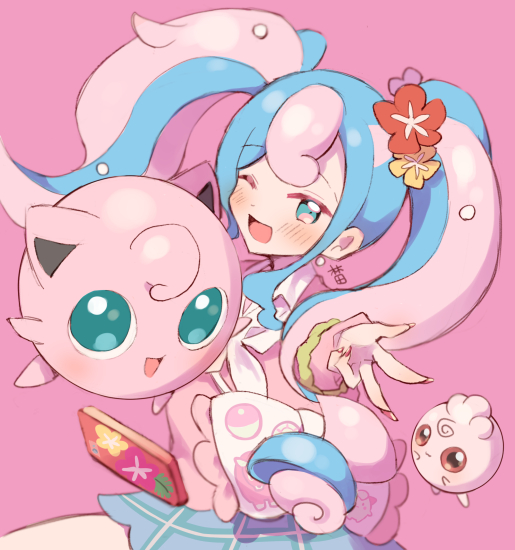blue_skirt blush cardigan cellphone earrings fairy_miku_(project_voltage) flower hair_flower hair_ornament hatsune_miku hayashidadesu igglybuff jewelry jigglypuff long_hair looking_at_viewer multicolored_hair nail_polish one_eye_closed open_mouth phone pink_background pink_cardigan pink_theme pokemon pokemon_(creature) project_voltage scrunchie skirt twintails two-tone_hair v very_long_hair vocaloid wrist_scrunchie