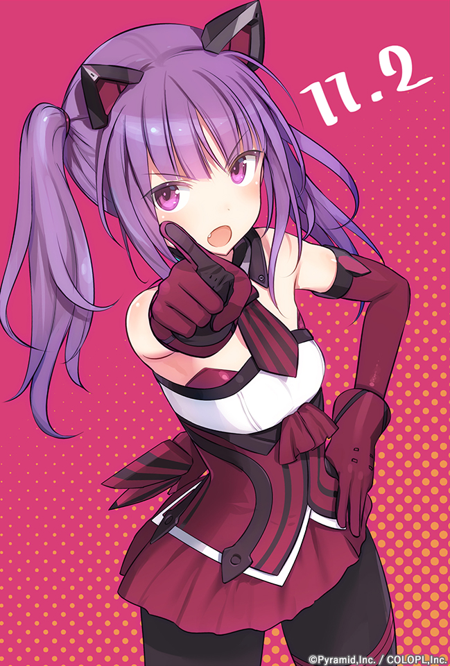 1girl alice_gear_aegis bare_shoulders birthday black_pantyhose blush breasts commentary_request cowboy_shot dated detached_collar dotted_background dress elbow_gloves fang gloves hand_on_own_hip ichijou_ayaka long_hair mechanical_ears official_art open_mouth pantyhose pointing pointing_at_viewer purple_hair shimada_fumikane small_breasts solo strapless strapless_dress twintails violet_eyes