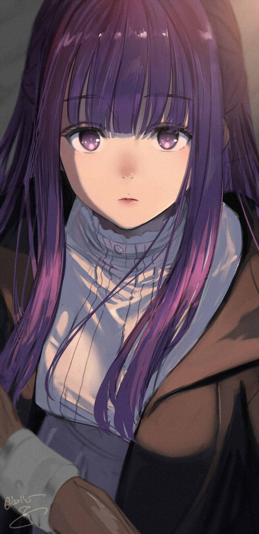 1girl blunt_bangs breasts fern_(sousou_no_frieren) highres isshiki_(ffmania7) lips looking_at_viewer medium_breasts parted_lips purple_hair shirt signature solo sousou_no_frieren upper_body violet_eyes white_shirt