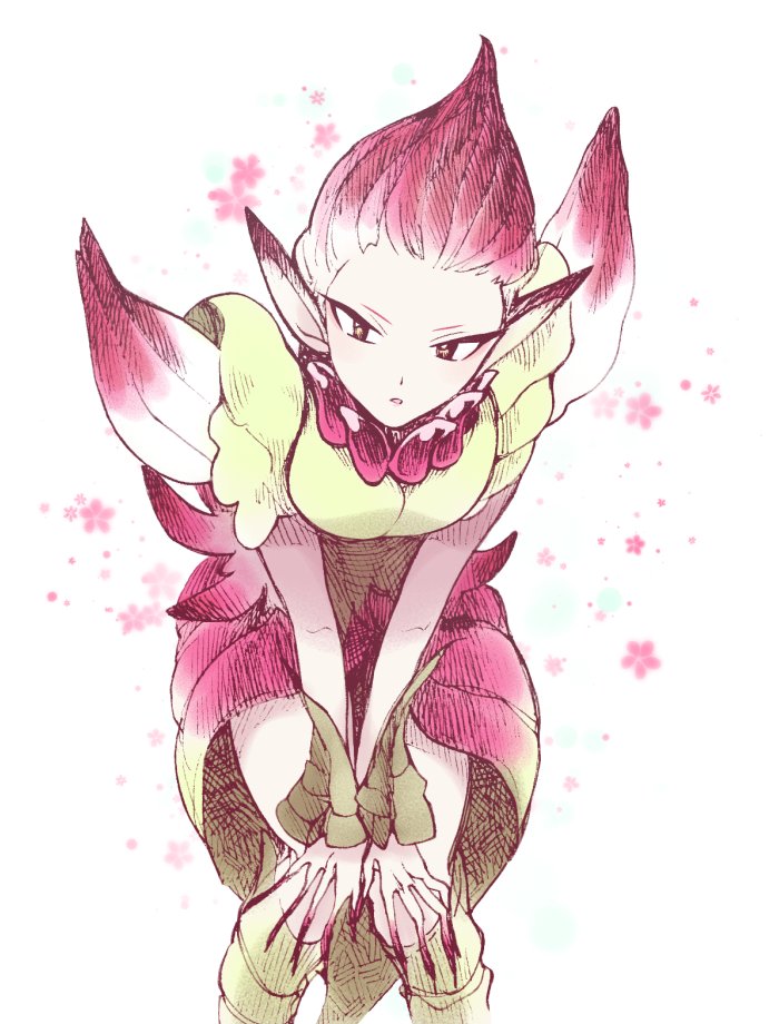 1boy androgynous breath_of_fire breath_of_fire_ii colored_skin dress fingernails flower long_pointy_ears looking_at_viewer minashirazu monster_boy pink_hair pointy_ears sharp_fingernails short_hair skirt solo spar very_long_fingernails yellow_eyes