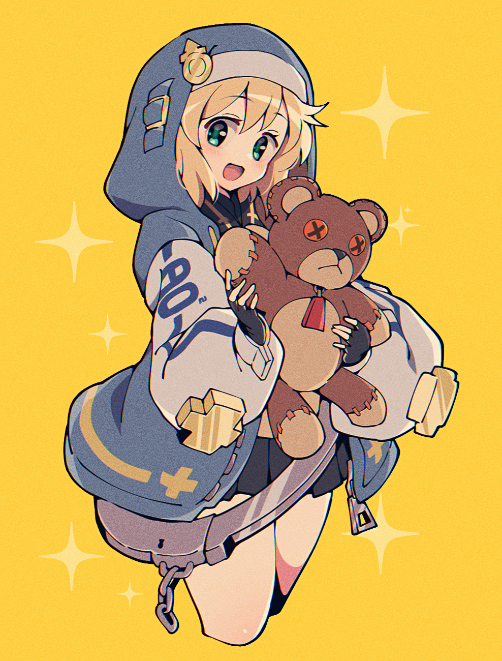 1girl androgyne_symbol black_gloves blonde_hair blush bridget_(guilty_gear) cuffs female_focus fingerless_gloves gloves green_eyes guilty_gear guilty_gear_strive habit handcuffs highres holding holding_stuffed_toy hood hooded_jacket hoodie itsuka_neru jacket long_sleeves looking_at_viewer medium_hair open_clothes open_hoodie open_mouth short_hair smile solo stuffed_animal stuffed_toy teddy_bear