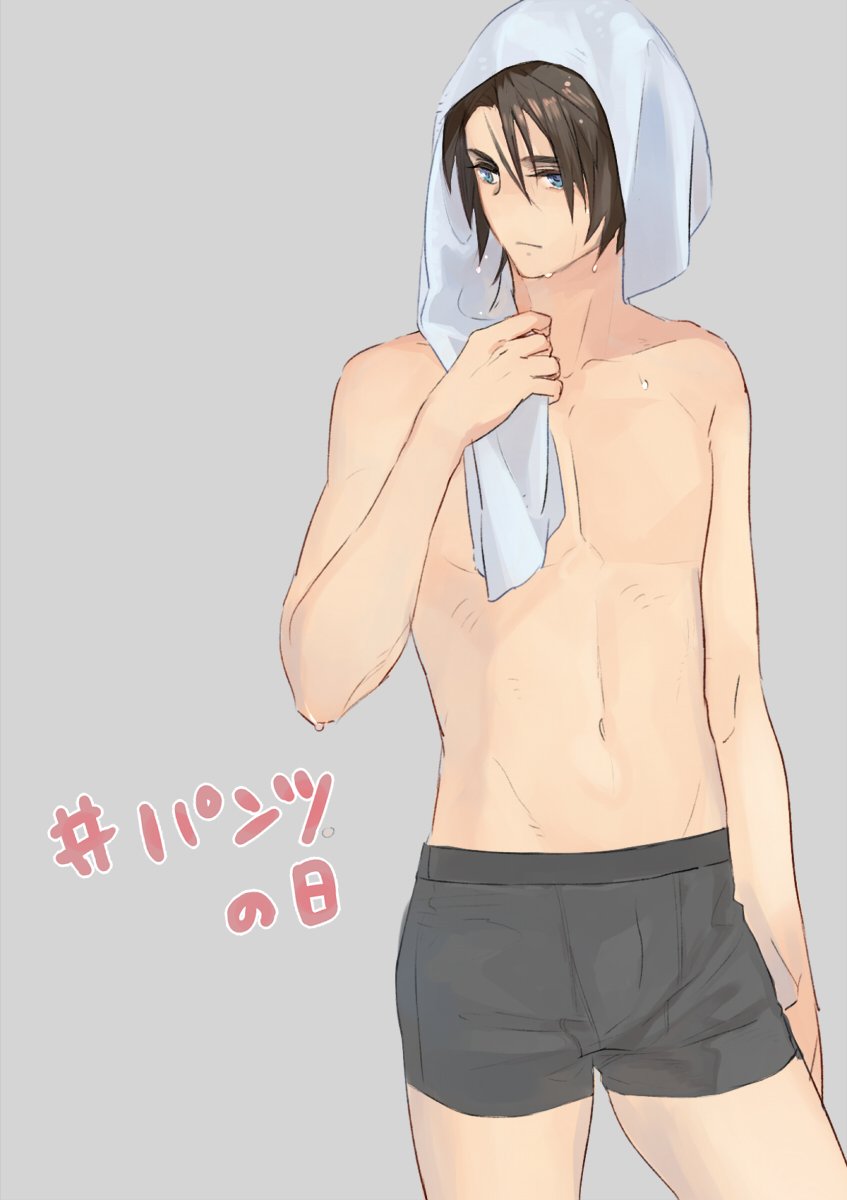 1boy black_male_underwear blue_eyes brown_hair expressionless final_fantasy final_fantasy_viii grey_background highres holding holding_towel male_focus male_underwear nini_tw99 scar scar_on_face scar_on_forehead short_hair simple_background solo squall_leonhart topless_male towel towel_on_head underwear underwear_only wet wet_face wet_hair