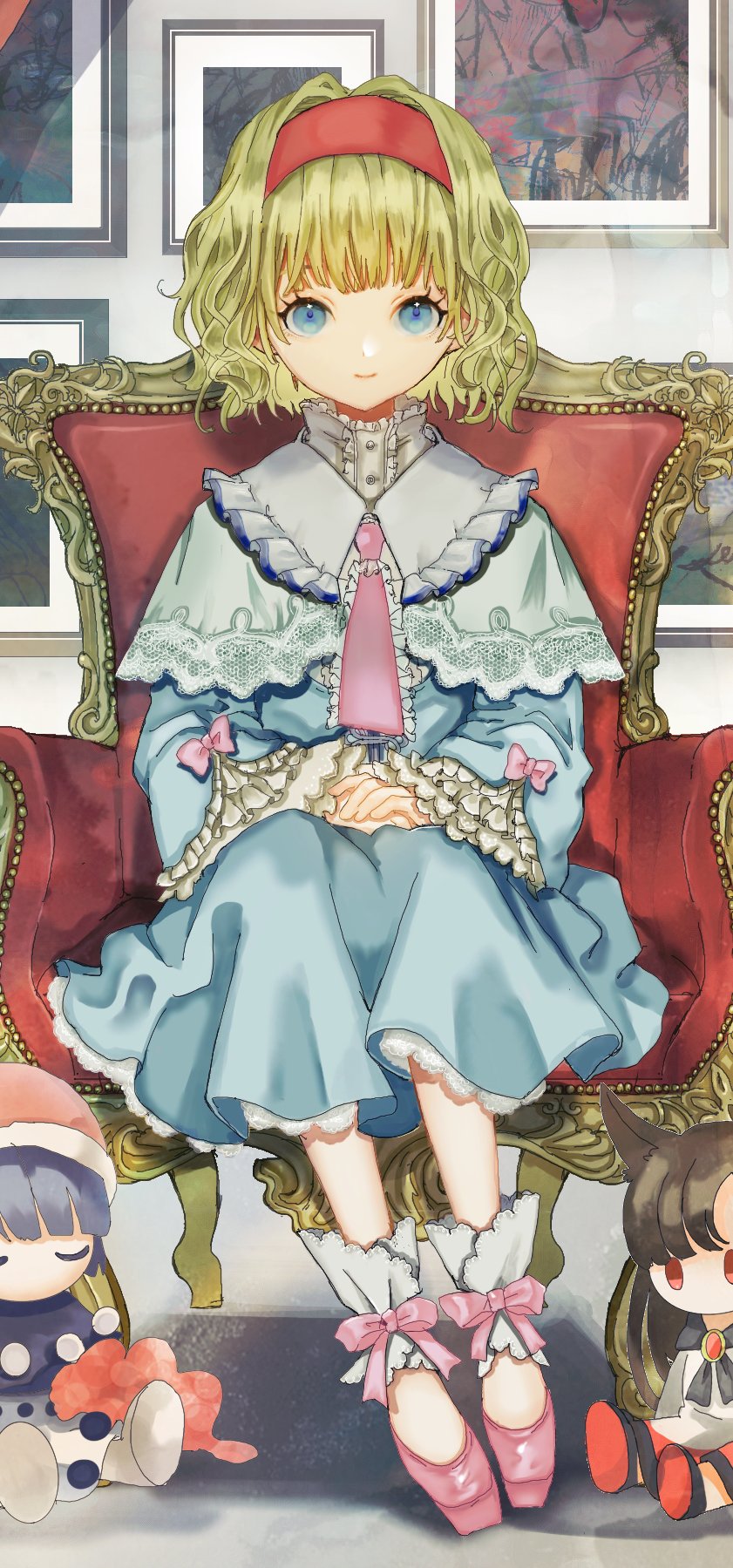 1girl alice_margatroid armchair ascot ballet_slippers blonde_hair blue_dress blue_eyes bow capelet chair closed_mouth doll doremy_sweet dress frilled_ascot frilled_dress frills full_body hairband highres imaizumi_kagerou lace-trimmed_capelet lace_trim light_smile long_sleeves looking_at_viewer on_chair own_hands_together painting_(object) pink_ascot pink_bow pink_footwear red_hairband sano_naoi short_hair sitting solo straight-on touhou white_capelet