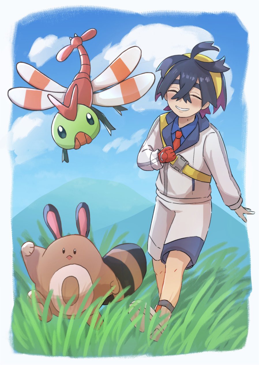 1boy aritsune01 black_hair blue_shirt blush border closed_eyes clouds collared_shirt colored_inner_hair commentary_request crossed_bangs day gloves grass grin hair_between_eyes highres jacket kieran_(pokemon) knees male_focus mole mole_on_neck multicolored_hair necktie outdoors pokemon pokemon_(creature) pokemon_(game) pokemon_sv red_gloves red_necktie sentret shirt shoes shorts single_glove sky smile teeth white_border white_jacket white_shorts yanma