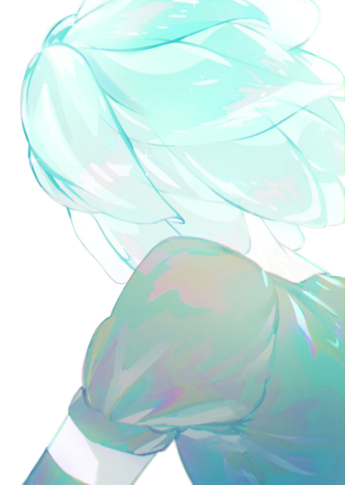 1other androgynous aqua_hair black_gloves blue_let11 commentary elbow_gloves english_commentary floating_hair from_behind gem_uniform_(houseki_no_kuni) gloves highres houseki_no_kuni other_focus phosphophyllite puffy_short_sleeves puffy_sleeves short_hair short_sleeves simple_background solo upper_body