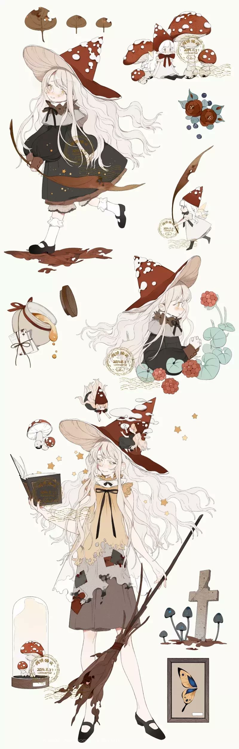 2girls absurdres age_progression artist_name autumn_leaves black_bow black_bowtie black_dress black_eyes black_footwear black_pantyhose blonde_hair blueberry blush_stickers book bow bowtie broom brown_bloomers brown_collar brown_dress bug butterfly capelet child collar collared_dress cross dated dress eyelashes fairy fairy_wings flower food frilled_collar frilled_dress frilled_sleeves frills from_side fruit grey_capelet hat highres holding holding_book holding_broom holding_leaf honey jar kneehighs leaf lid light_blush long_dress long_hair long_sleeves looking_at_object looking_at_viewer maobing_maobing mary_janes medium_dress mini_person minigirl multiple_girls multiple_views mushroom name_tag open_book original own_hands_clasped own_hands_together pantyhose picture_(object) pointy_ears pointy_hat puffy_long_sleeves puffy_sleeves rags red_flower red_headwear red_ribbon red_rose ribbon rose shoes short_sleeves sitting sleeves_past_wrists socks spill stamp_mark star_(symbol) star_print wavy_hair white_background white_collar white_dress white_hair white_socks wings witch witch_hat yellow_dress yellow_eyes