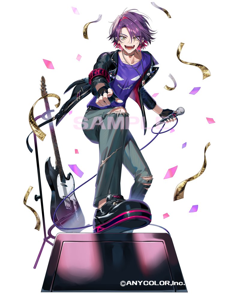 1boy :d armband black_footwear black_gloves black_jacket cable colored_inner_hair confetti copyright denim earrings fang fingerless_gloves foot_out_of_frame gloves guitar hair_intakes holding holding_microphone instrument jacket jeans jewelry looking_at_viewer male_focus microphone microphone_stand mismatched_earrings miyukiyo multicolored_hair nijisanji official_art open_clothes open_jacket pants pendant pink_hair platform_footwear pointing pointing_at_viewer print_shirt purple_hair purple_shirt red_armband sample_watermark shirt shoes short_hair simple_background smile solo stepping streamers swept_bangs t-shirt torn_clothes torn_jeans torn_pants two-tone_hair virtual_youtuber watarai_hibari watermark white_background yellow_eyes