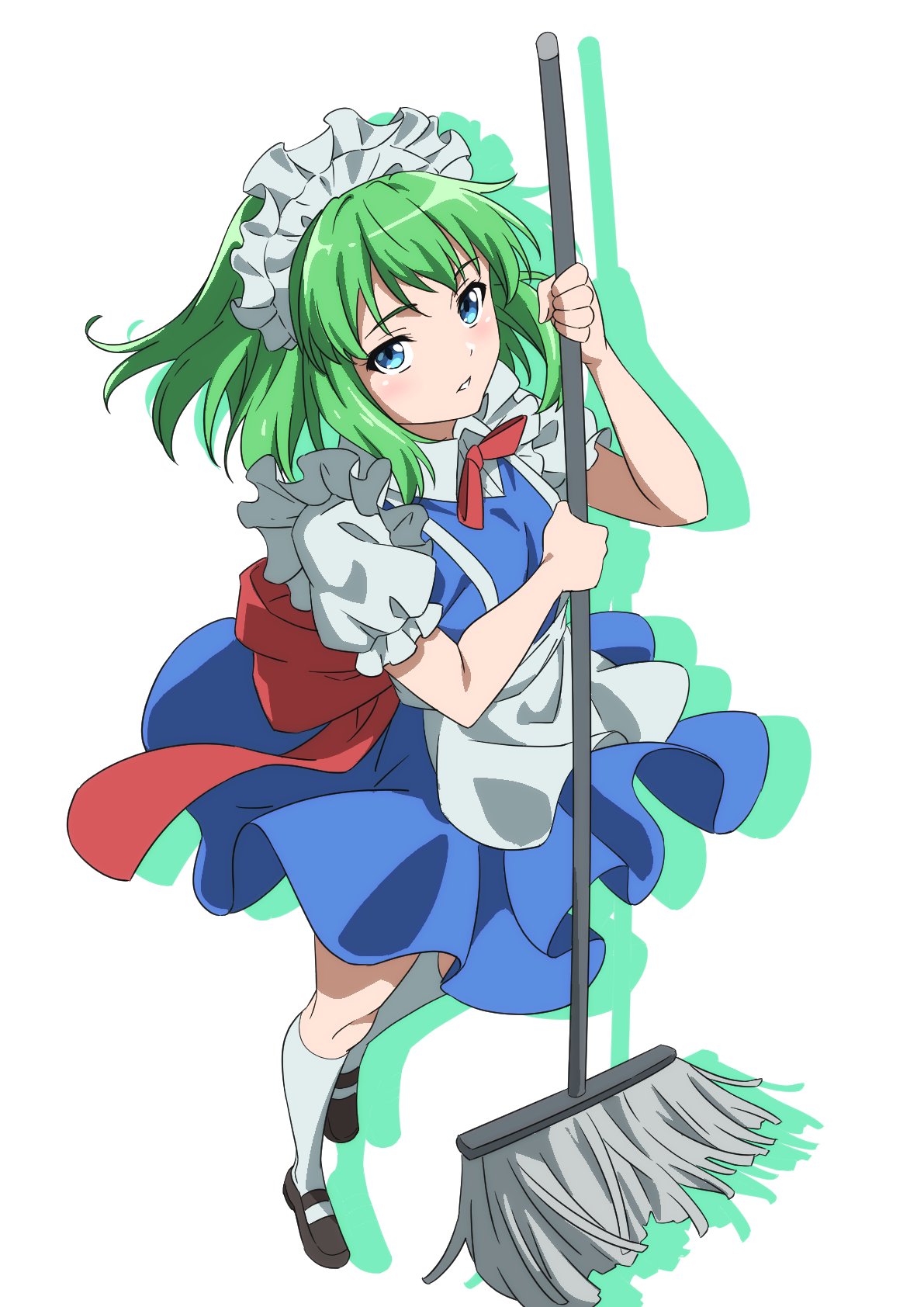 1girl apron black_footwear blue_dress blue_eyes dress frilled_sleeves frills green_hair gyouza_(mhea5724) highres holding holding_mop maid maid_apron maid_headdress medium_hair mop open_mouth ruukoto shoes short_sleeves simple_background socks solo touhou touhou_(pc-98) waist_apron white_apron white_background white_socks