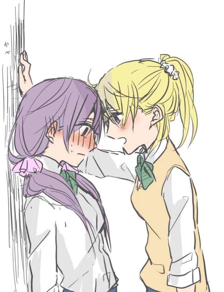 2girls averting_eyes ayase_eli blonde_hair blush bow bowtie breasts brown_sweater_vest closed_mouth collared_shirt commentary dress_shirt embarrassed green_bow green_bowtie hair_ornament hair_scrunchie kabedon kashikaze long_hair love_live! love_live!_school_idol_project low_twintails medium_breasts multiple_girls one-hour_drawing_challenge open_mouth otonokizaka_school_uniform ponytail purple_hair school_uniform scrunchie shirt simple_background sweatdrop sweater_vest toujou_nozomi twintails upper_body white_background white_scrunchie white_shirt yuri